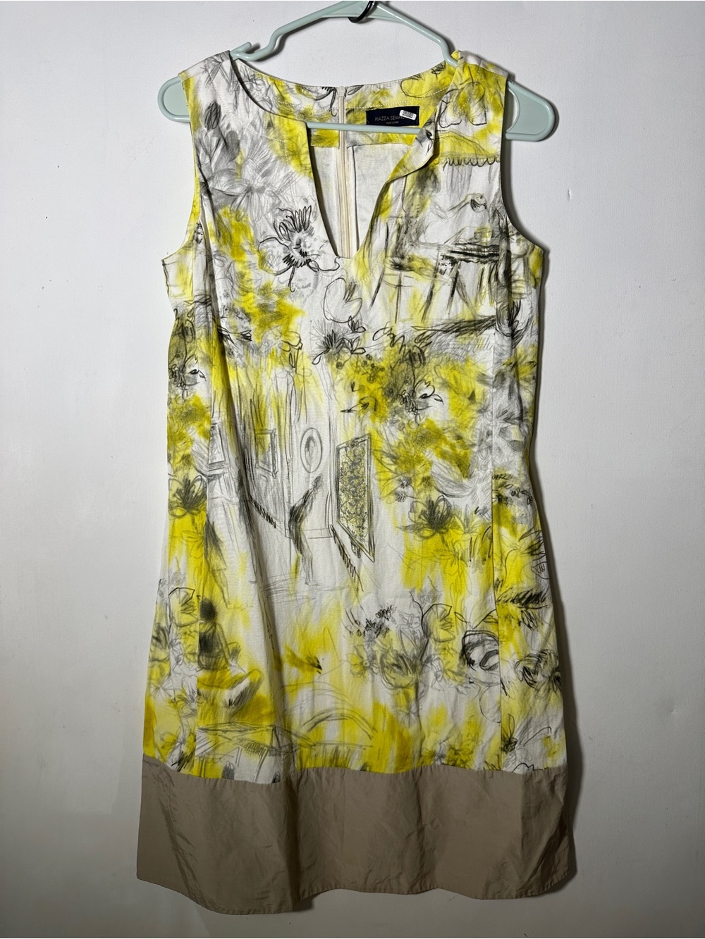 Piazza Sempione shift dress featuring an artistic yellow-and-gray sketch print